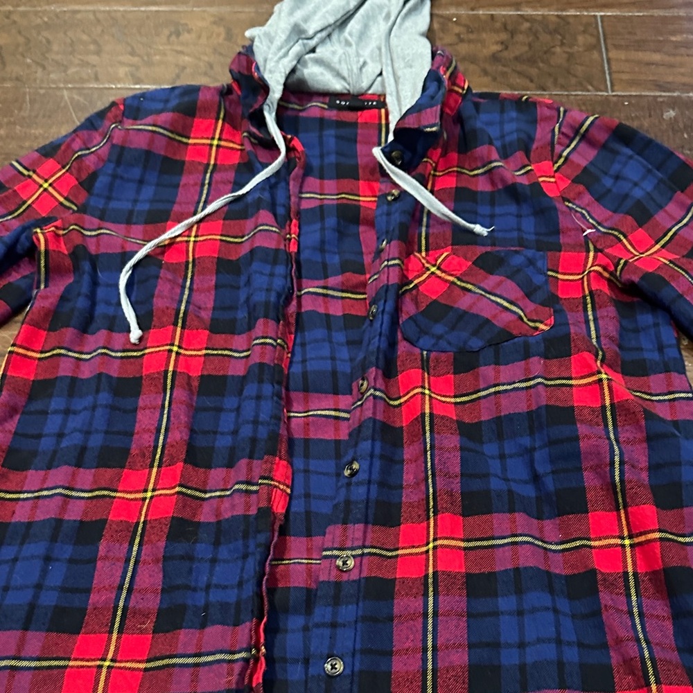 Socialite Red and Blue Plaid Shirt with Gray Hood - Picture 3 of 4